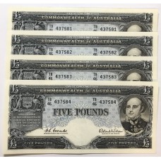 AUSTRALIA 1960 . FIVE 5 POUND BANKNOTES . COOMBS/WILSON . CONSECUTIVE FOUR . FIRST PREFIX LETTERS TB